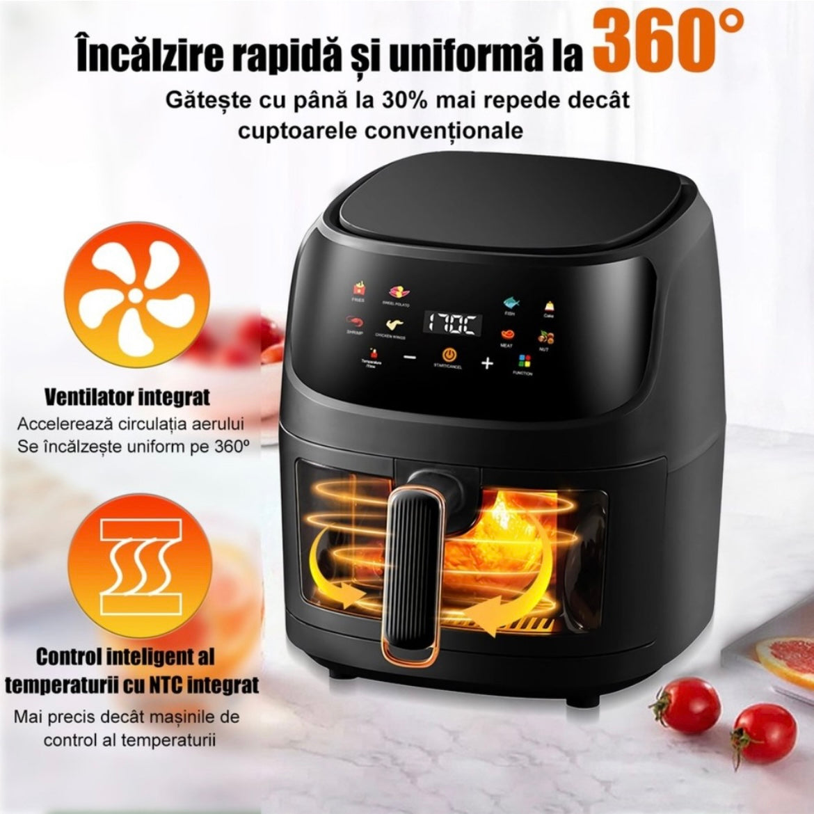 Friteuză cu aer cald SILVER LOVE, 8 L, 2400W, afișaj digital, cos transparent