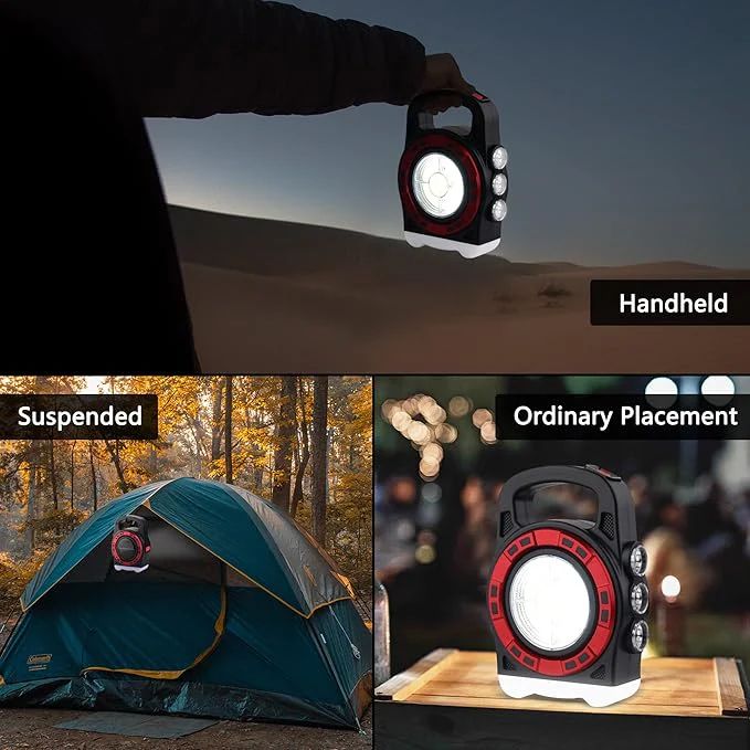 Lampă Camping LED Multifuncțională – Reîncărcabilă Solar, Rezistentă La Apă, Cu Proiector Puternic.