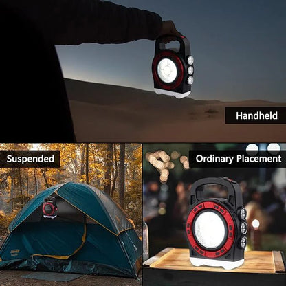 Lampă Camping LED Multifuncțională – Reîncărcabilă Solar, Rezistentă La Apă, Cu Proiector Puternic.