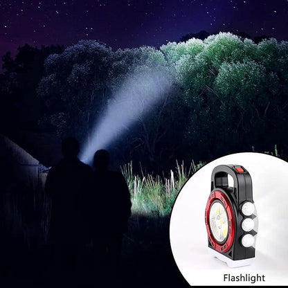 Lampă Camping LED Multifuncțională – Reîncărcabilă Solar, Rezistentă La Apă, Cu Proiector Puternic.