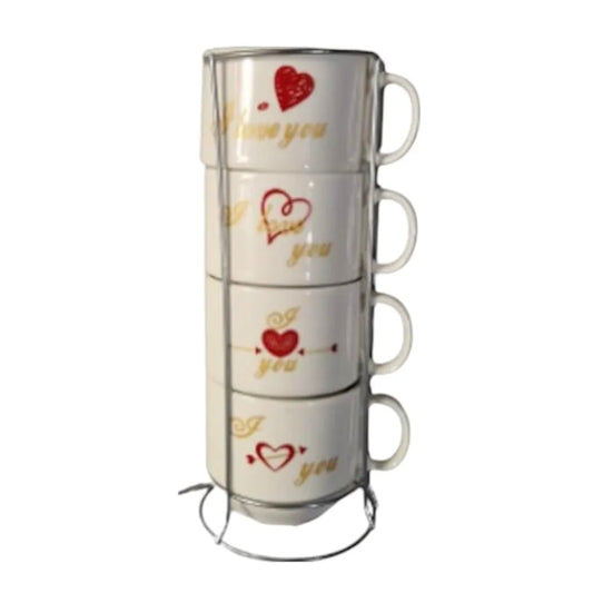 Set De 4 Cești Din Ceramică Cu Suport Metalic „I Love You” 150ml