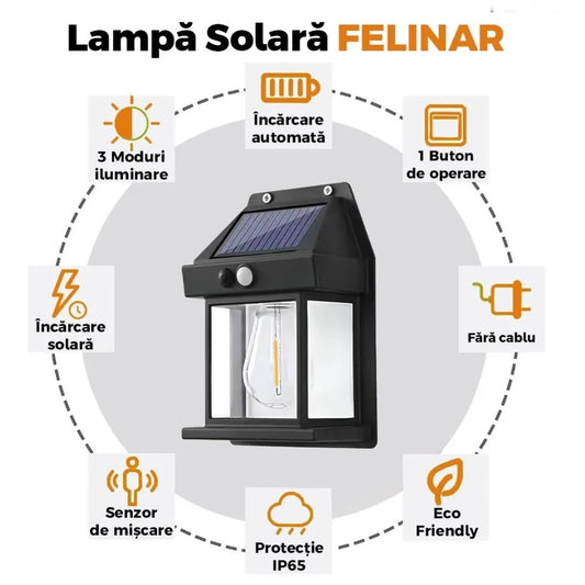 Lampa Solara De Perete LED Tip Felinar, Senzor De Miscare 5-8 Metri, Fara Fir, 3 Moduri De Iluminare, Protectie IP65, Waterproof, Exterior, Negru