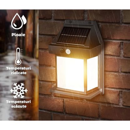 Lampa Solara De Perete LED Tip Felinar, Senzor De Miscare 5-8 Metri, Fara Fir, 3 Moduri De Iluminare, Protectie IP65, Waterproof, Exterior, Negru