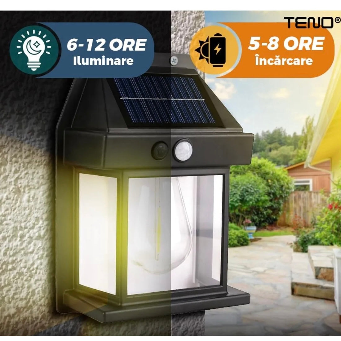 Lampa Solara De Perete LED Tip Felinar, Senzor De Miscare 5-8 Metri, Fara Fir, 3 Moduri De Iluminare, Protectie IP65, Waterproof, Exterior, Negru