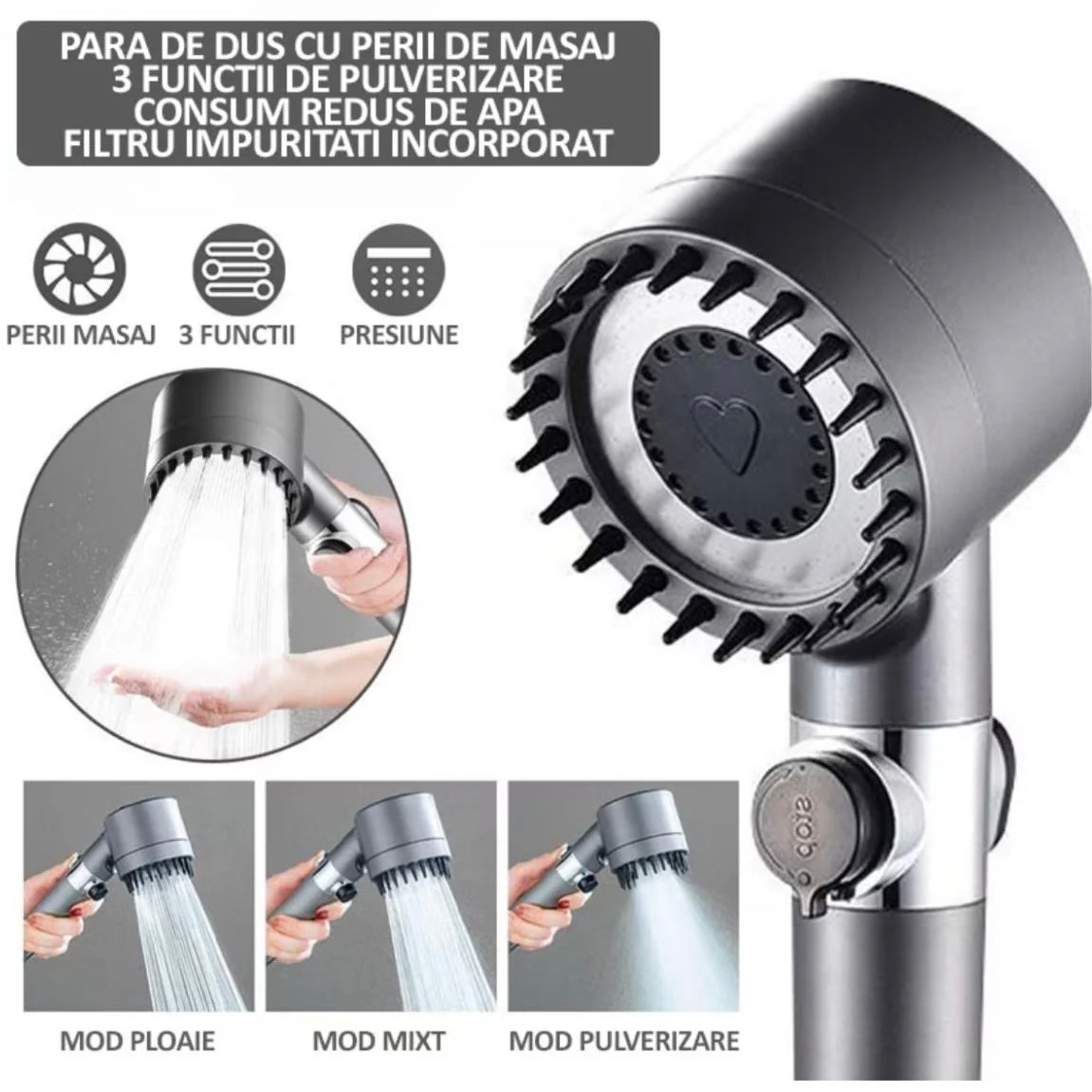 Para Dus Cu Perie Masaj-Reglare Mod Presiune Apa, Cap Detasabil, Gri Metalic