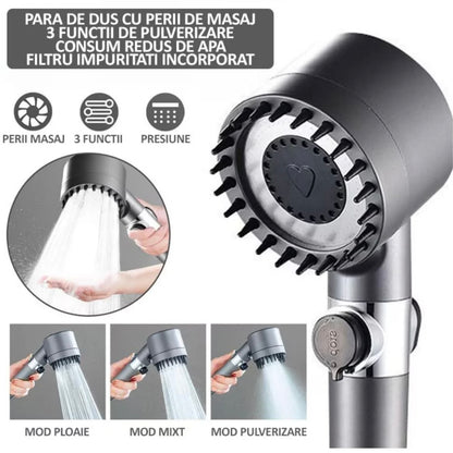 Para Dus Cu Perie Masaj-Reglare Mod Presiune Apa, Cap Detasabil, Gri Metalic