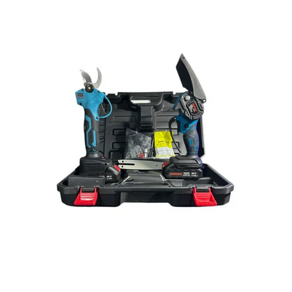 Set Foarfecă Electrică + Fierăstrău cu Lanț Portabil 48V, 2 Acumulatori Li-Ion, Cutie Transport