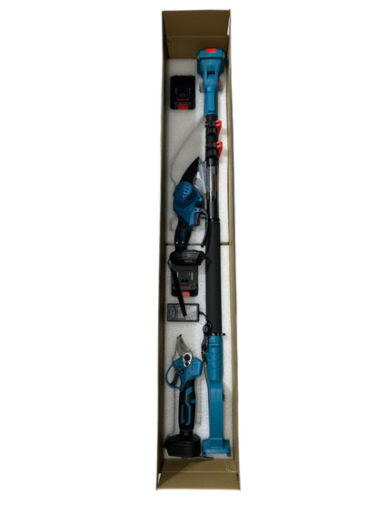 Set Foarfecă Electrică + Fierăstrău cu Braț Telescopic 48V, 2 Acumulatori Li-Ion, Tăiere Crengi și Pomii