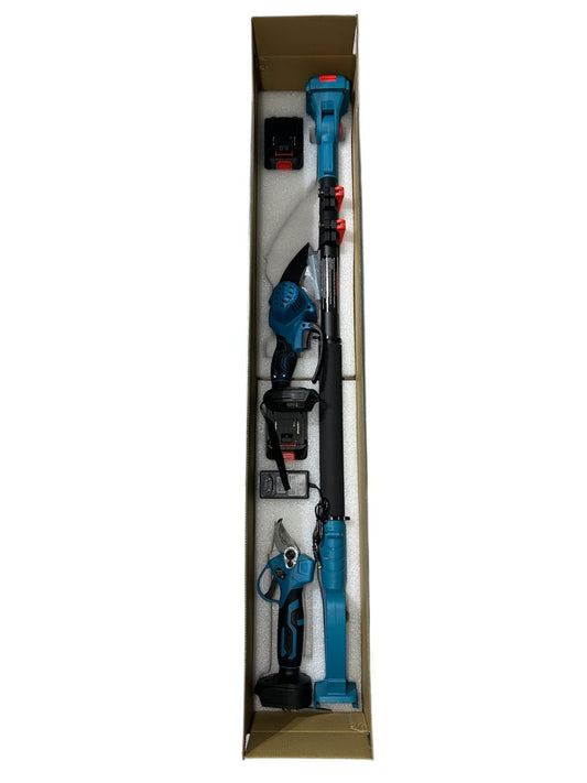 Set Foarfecă Electrică + Fierăstrău cu Braț Telescopic 48V, 2 Acumulatori Li-Ion, Tăiere Crengi și Pomii