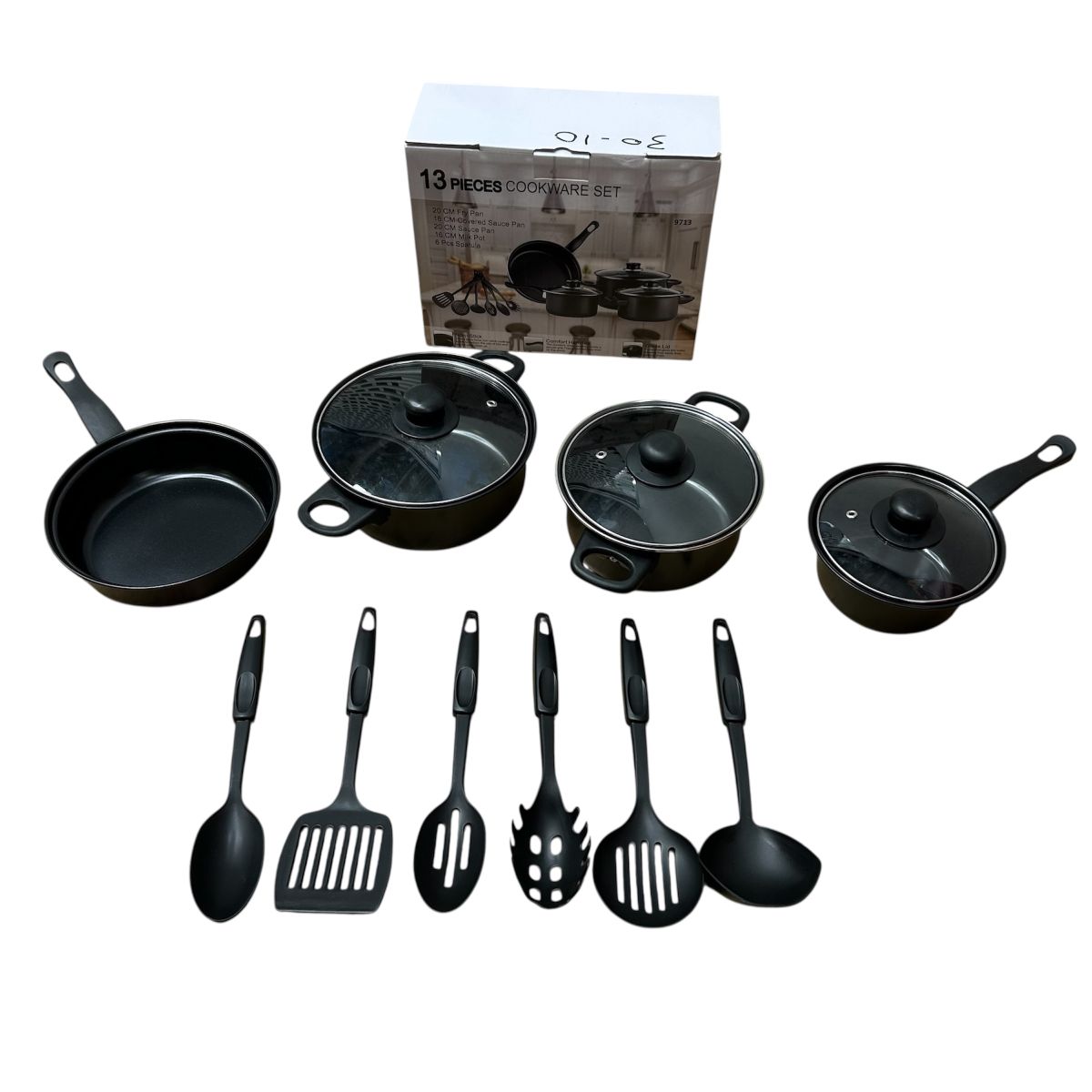 Set vase de gătit 13 piese – antiaderent, cu capace din sticlă și ustensile inclus