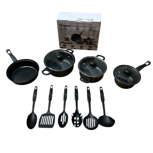 Set vase de gătit 13 piese – antiaderent, cu capace din sticlă și ustensile inclus